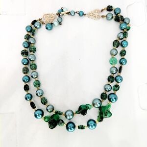 Vintage Japan Double Strand Beaded Necklace Glass & Acrylic Teal Blue Green 50s